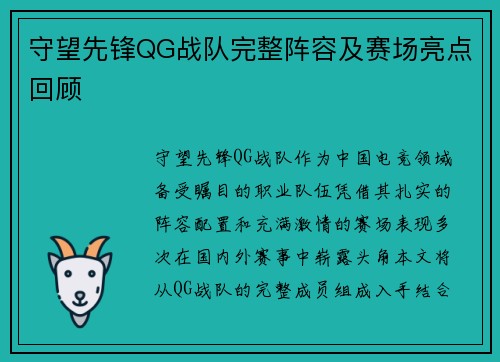 守望先锋QG战队完整阵容及赛场亮点回顾